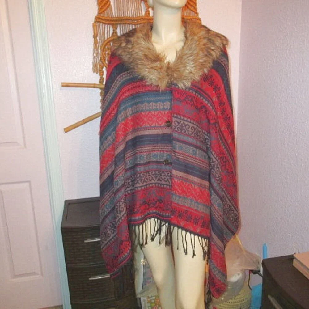 Aztec Knit Poncho Cardigan Sweater Shawl Wrap Cape Faux Fur Collar Fair Isle NWT